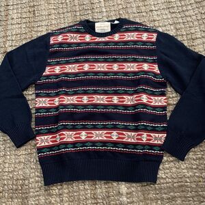 Weatherproof Vintage Sweater Mens L Blue Red Green Fair Isle Crew Neck Pullover